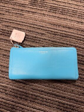 COACH Bright Turquoise Leather Zip-Around Wallet
